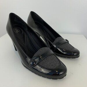 SRO Sz 7.5 Heeled loafers blk grey fabric heeled